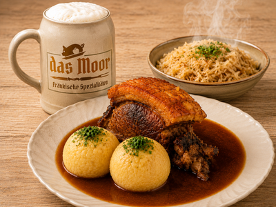 Schäufele mit knuspriger Kruste, zwei Klößen in dunkler Soße, daneben ein Teller Sauerkraut und ein Steinkrug mit Schaumkrone und dem Schriftzug 'das Moor Fränkische Spezialitäten'.
