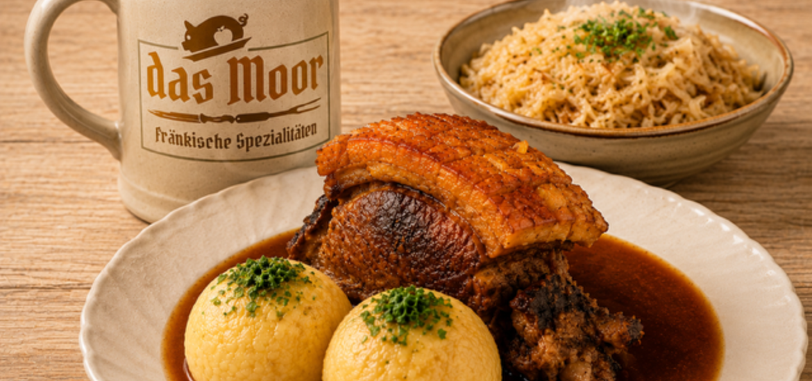 Schäufele mit knuspriger Kruste, zwei Klößen in dunkler Soße, daneben ein Teller Sauerkraut und ein Steinkrug mit Schaumkrone und dem Schriftzug 'das Moor Fränkische Spezialitäten'.