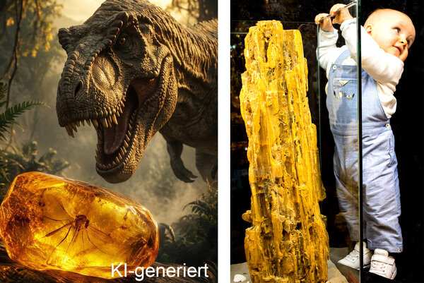 Links ein Dinosaurier mit geöffnetem Maul neben einem großen Bernstein mit eingeschlossener Spinne (KI generiert), rechts ein Kleinkind in Latzhose neben einem massiven Bernstein hinter Glas