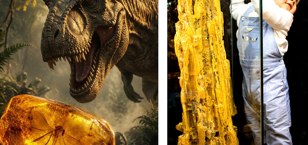 Links ein Dinosaurier mit geöffnetem Maul neben einem großen Bernstein mit eingeschlossener Spinne (KI generiert), rechts ein Kleinkind in Latzhose neben einem massiven Bernstein hinter Glas