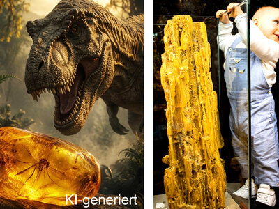 Links ein Dinosaurier mit geöffnetem Maul neben einem großen Bernstein mit eingeschlossener Spinne (KI generiert), rechts ein Kleinkind in Latzhose neben einem massiven Bernstein hinter Glas