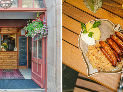 Offene Holztür mit Blumenampeln und Blick auf eine rustikale Theke im Restaurant Pillhofer in Nürnberg links und auf der rechten Seite ein Teller mit Nürnberger Bratwürsten und Sauerkraut