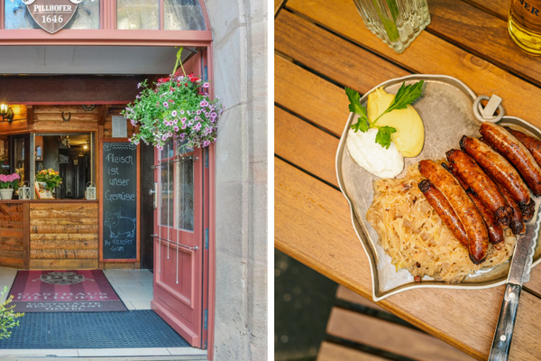 Offene Holztür mit Blumenampeln und Blick auf eine rustikale Theke im Restaurant Pillhofer in Nürnberg links und auf der rechten Seite ein Teller mit Nürnberger Bratwürsten und Sauerkraut