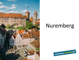 Luftaufnahme von Nürnberg mit Blick auf die Kaiserburg, rechts daneben steht der Schriftzug 'Nuremberg' und unten das Logo 'tourismus.nuernberg.de'.