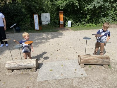 Zwei Kinder spielen im Erfahrungsfeld Nürnberg an je einem Holzstamm mit aufgesetzten Metallplatten und Stäben, im Hintergrund Bäume.