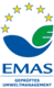 Logo mit einem Kreis aus gelben Sternen, einem blauen Halbkreis und einem grünen Blatt, darunter der Schriftzug 'EMAS' und kleinerer Text