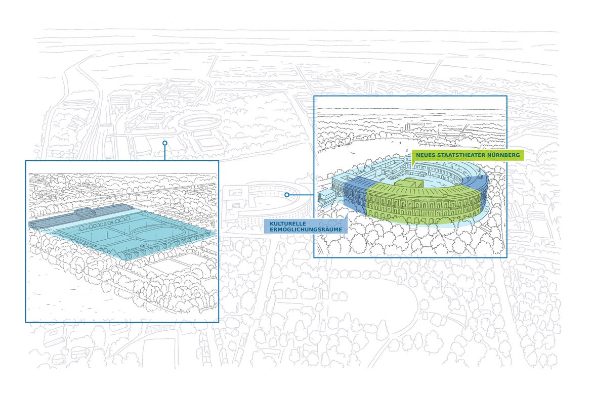 Schwarz-weiße Linienzeichnung des Reichsparteitagsgeländes mit farblich hervorgehobenen Bereichen für das neue Staatstheater Nürnberg und kulturelle Ermöglichungsräume