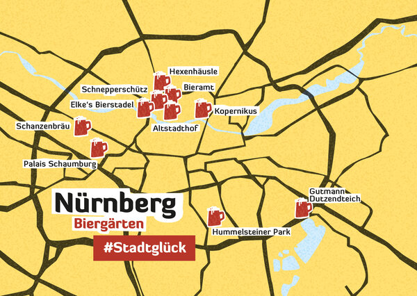 Eine stilisierte Stadtkarte von Nürnberg in warmen Gelbtönen unter dem Hashtag #Stadtglück. Rote Bierkrug-Icons markieren beliebte Biergärten wie das „Hexenhäusle“, „Bieramt“, „Altstadthof“ und den Standort „Kopernikus“ in der Altstadt sowie weitere Ziele wie den „Hummelsteiner Park“.