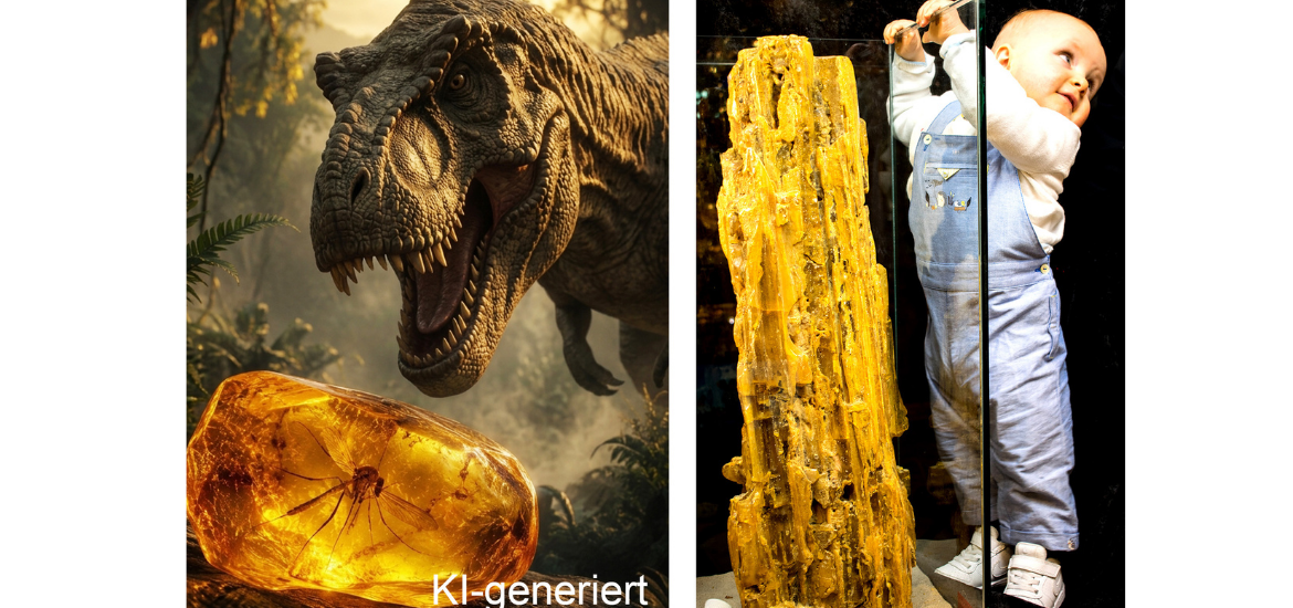 Links ein Dinosaurier mit geöffnetem Maul neben einem großen Bernstein mit eingeschlossener Spinne (KI generiert), rechts ein Kleinkind in Latzhose neben einem massiven Bernstein hinter Glas